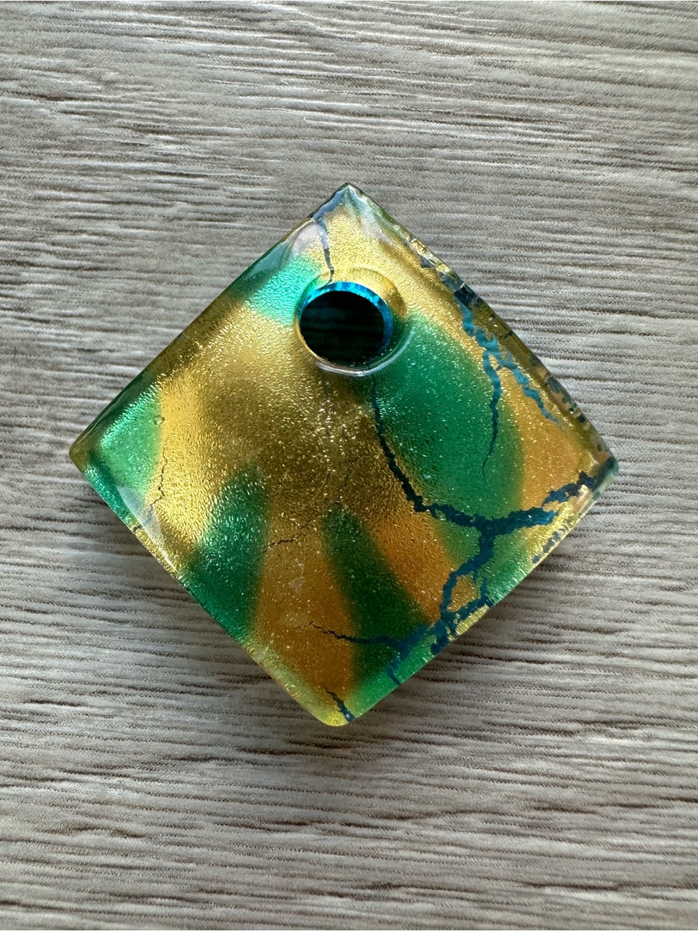 Murano Style Green and Gold Square Glass Pendant Foil Art